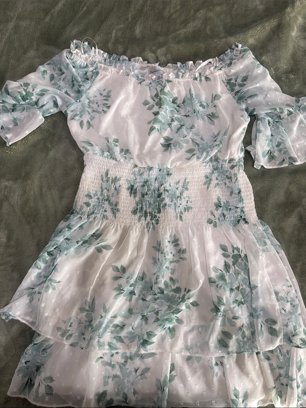 Premier Amour White Dress with Green Leaf Print